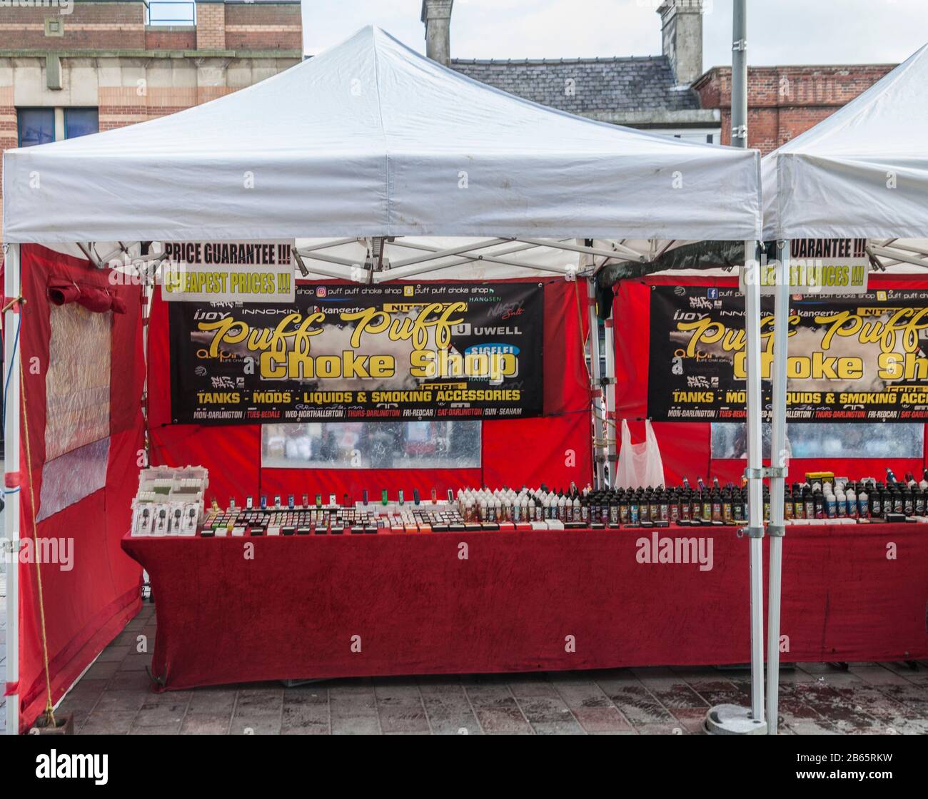 A market stall selling Vape products in Darlington,England,UK Stock