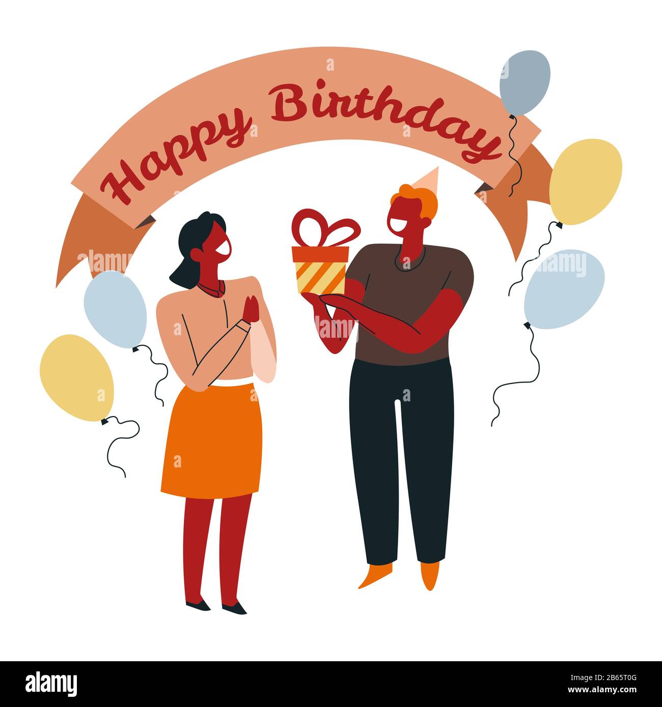 Giving present, Birthday party, greeting banner and balloons Stock Vector