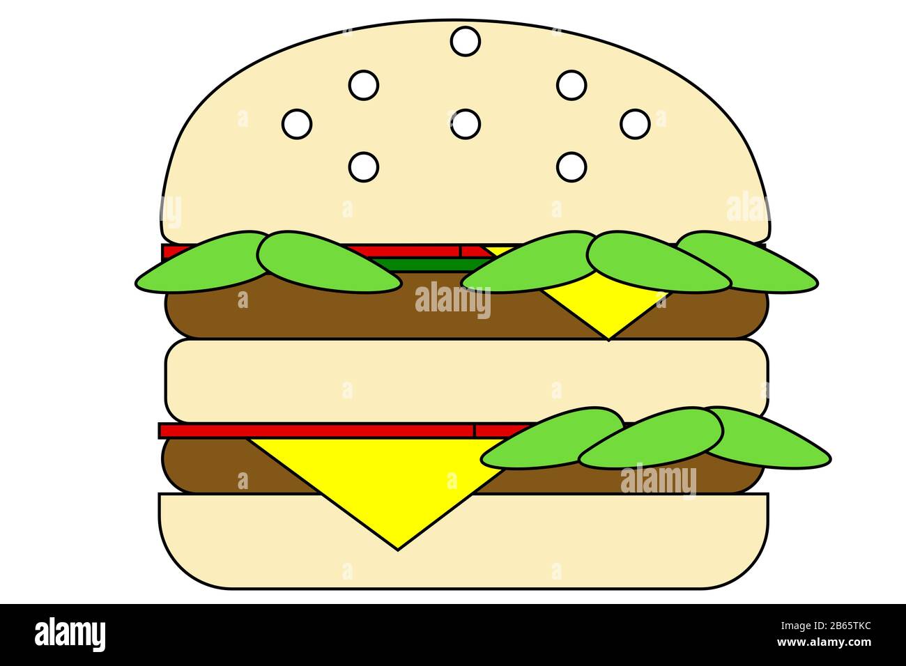 Big colorful burger cartoon isolated on white background. Two layers of  hamburger meat with cheese, salad, tomatoes, and gherkins Stock Photo -  Alamy