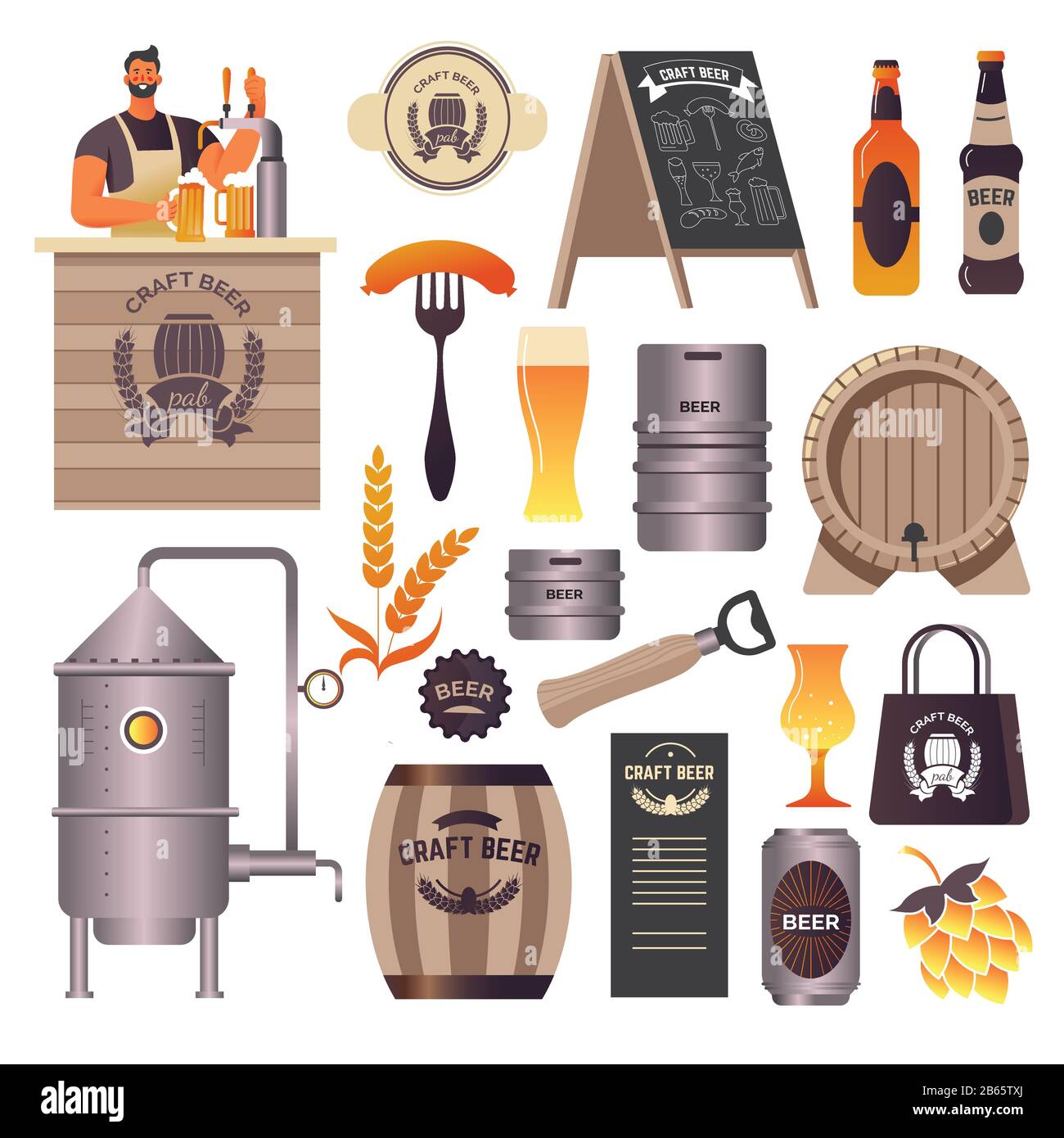 Craft beer pub, brewery and bar, bartender pouring drink Stock Vector