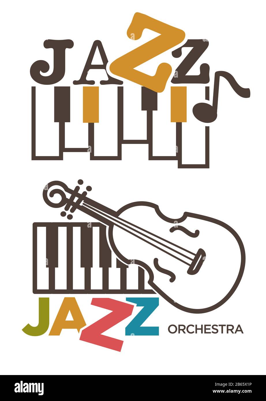 Jazz music isolated icons, piano and violin, orchestra Stock Vector