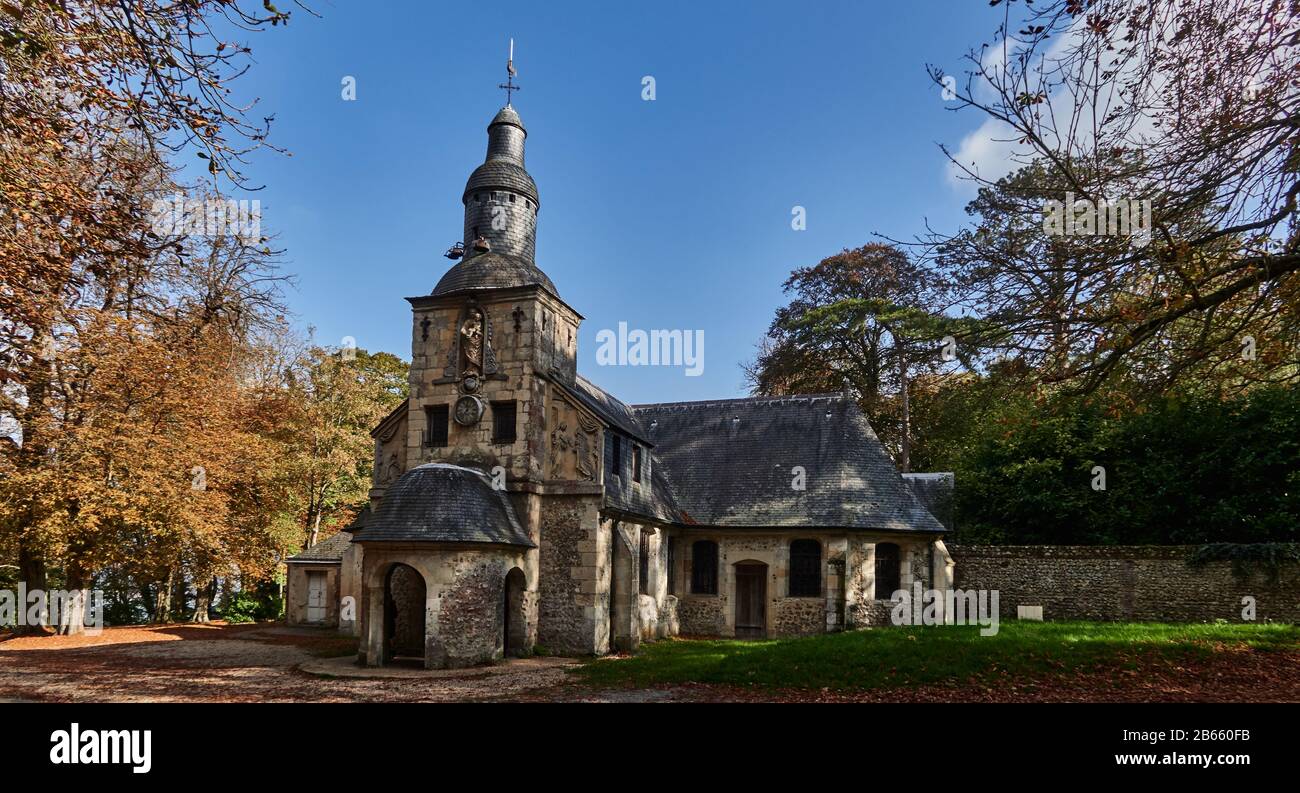 Our Lady of Grace Chapel built in 1600-1615 by the citizens and sailors of Honfleur , France, Calvados , Basse-Normandie , Catholic chapel located in Équemauville Stock Photo