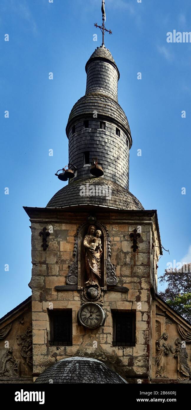 Our Lady of Grace Chapel built in 1600-1615 by the citizens and sailors of Honfleur , France, Calvados , Basse-Normandie , Catholic chapel located in Équemauville , detail of the bell tower Stock Photo