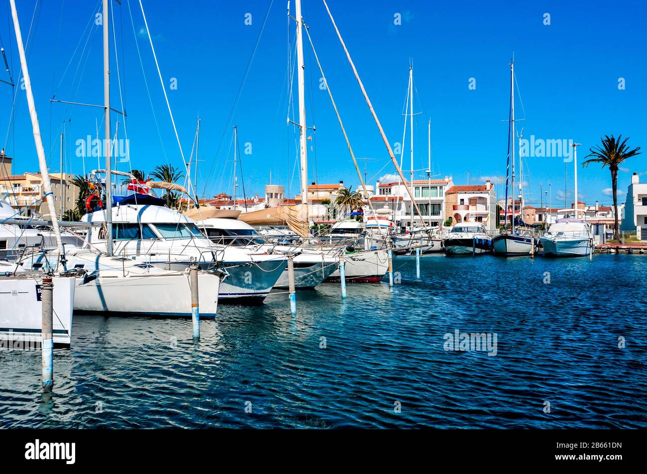 CASTELLO DE EMPURIES, SPAIN - MAY 21: Yachts moored in the marina of Empuriabrava on May 21, 2015 in Castello de Empuries, Costa Brava, Spain. Empuria Stock Photo