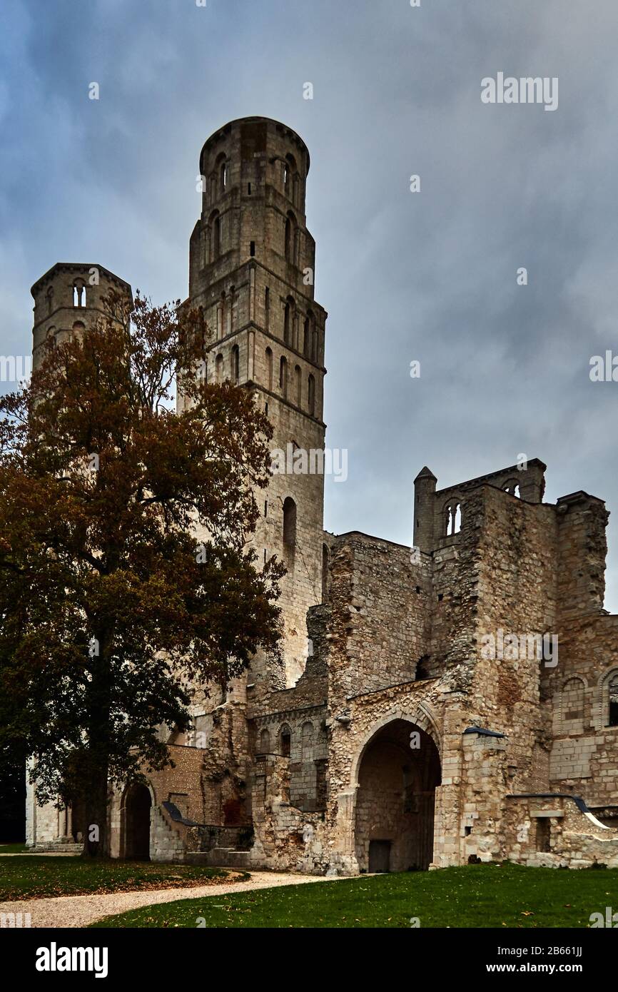 The ruins of Jumièges Abbey were a Benedictine monastery, located in the town of Jumièges, in Normandy, France.In 654,the abbey was founded on a gift of forested land belonging to the royal fisc presented by Clovis II and his queen, Balthild, to the Frankish nobleman Filibertus, who had been the companion of Saints Ouen and Wandrille at the Merovingian court of Dagobert I. Philibert became the first abbot Stock Photo