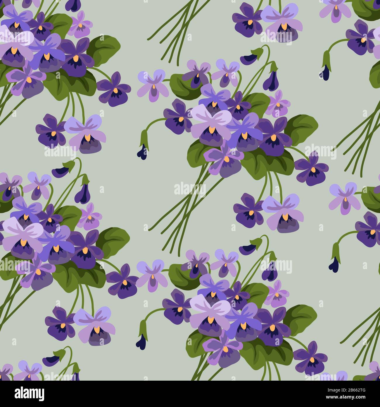 Seamless pattern with bouquets of violet on a blue background. Cute cartoon vector illustration Stock Vector