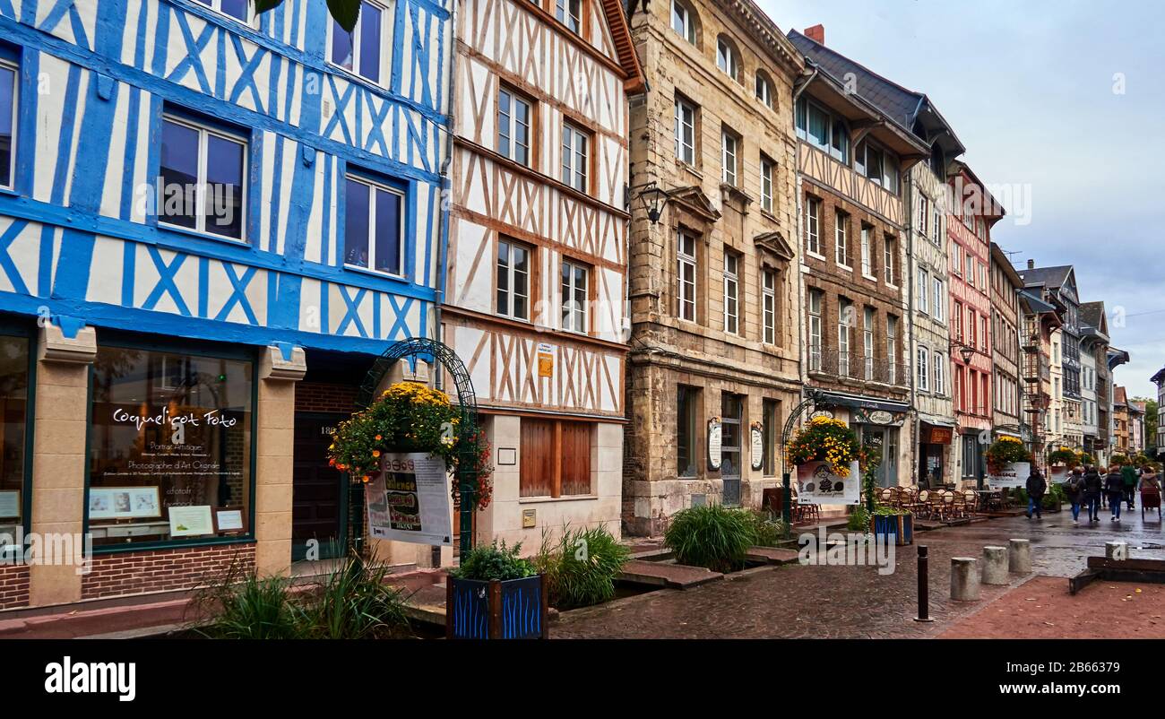 France, Normandy, , Seine Maritime Rouen, , Half-Timbered Buildings line the streets of the medieval city of Rouen, Stock Photo