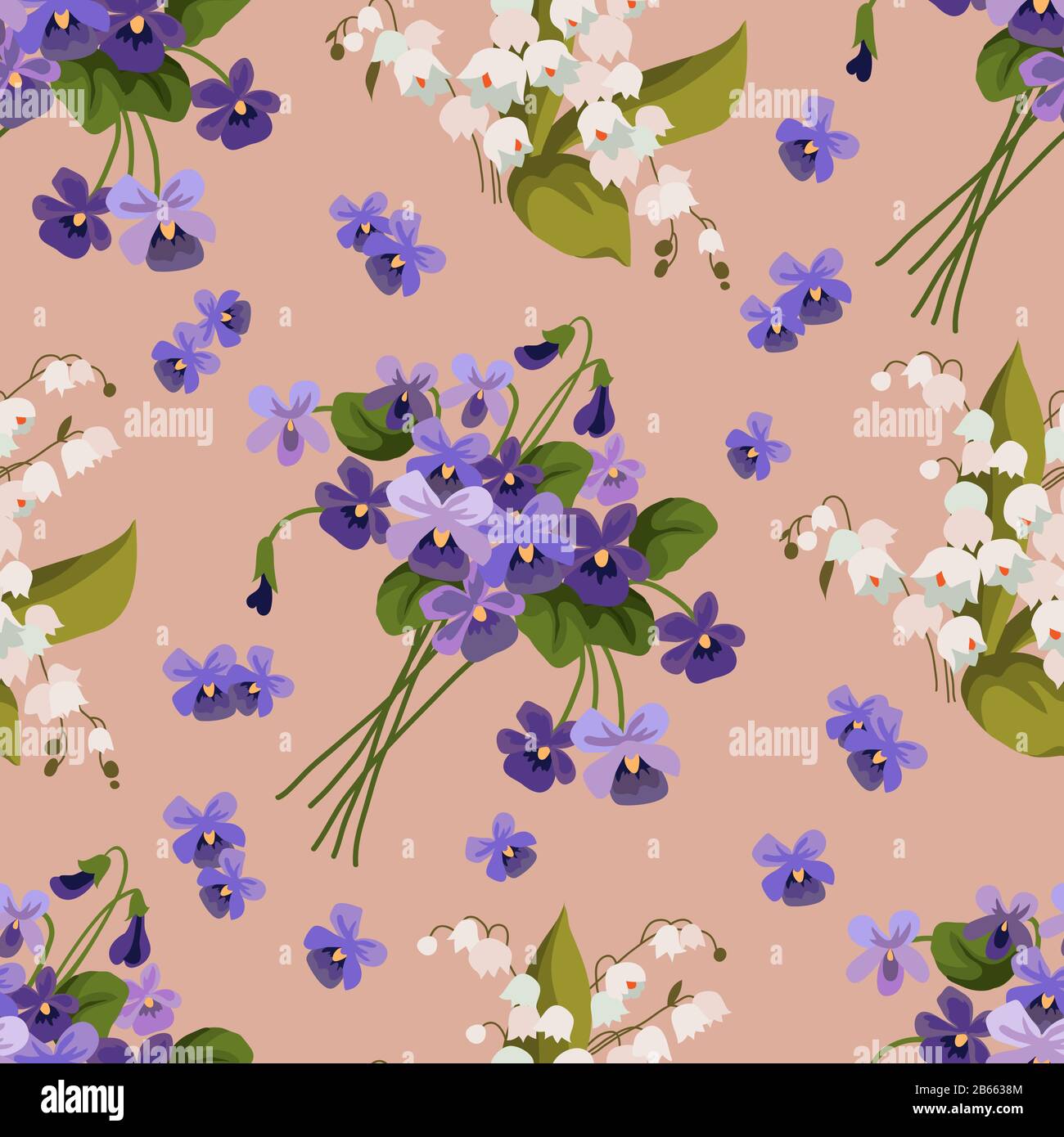 Seamless pattern with bouquets of violet and maylily on a pink