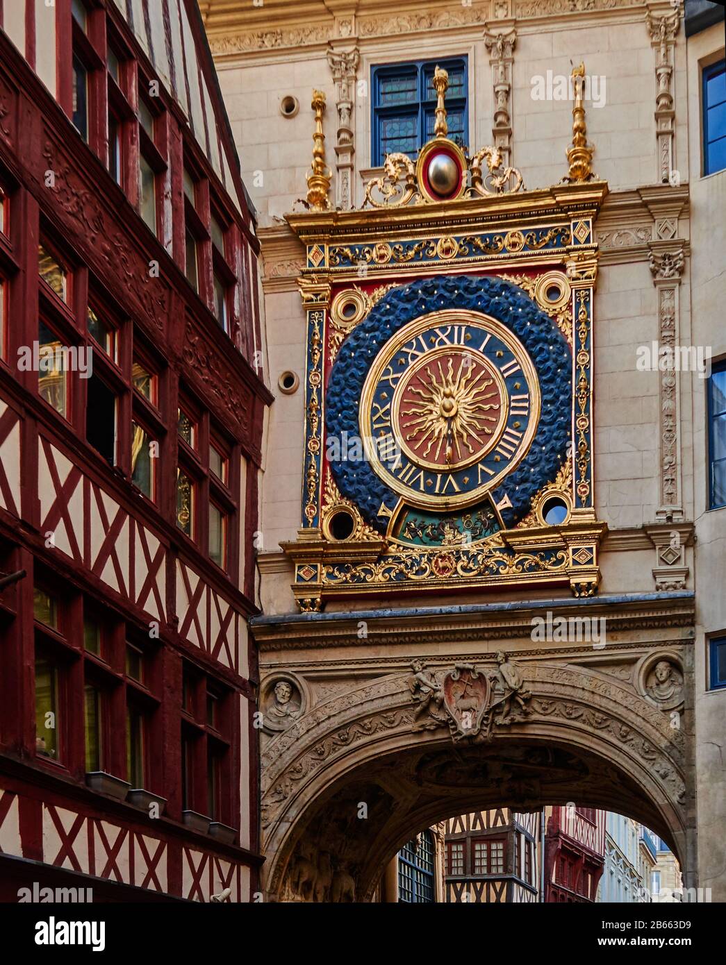 France, Normandy, , Seine Maritime Rouen, , Half-Timbered Buildings line the streets of the medieval city of Rouen, and The Gros Horloge – a 14th-century astronomical clock – decorates the center of Rouen, Stock Photo