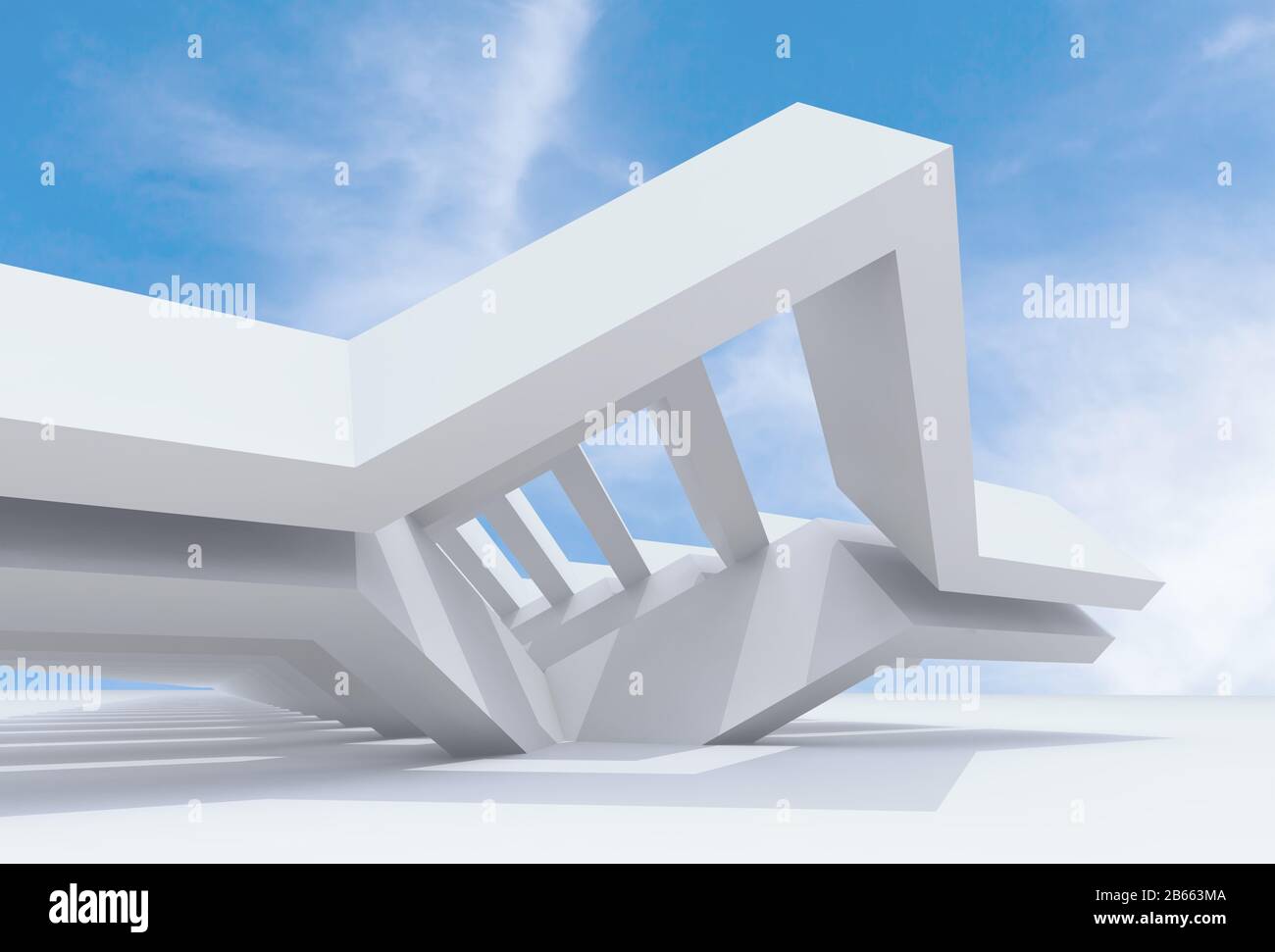 Abstract minimal background with white parametric installation. 3d rendering illustration Stock Photo