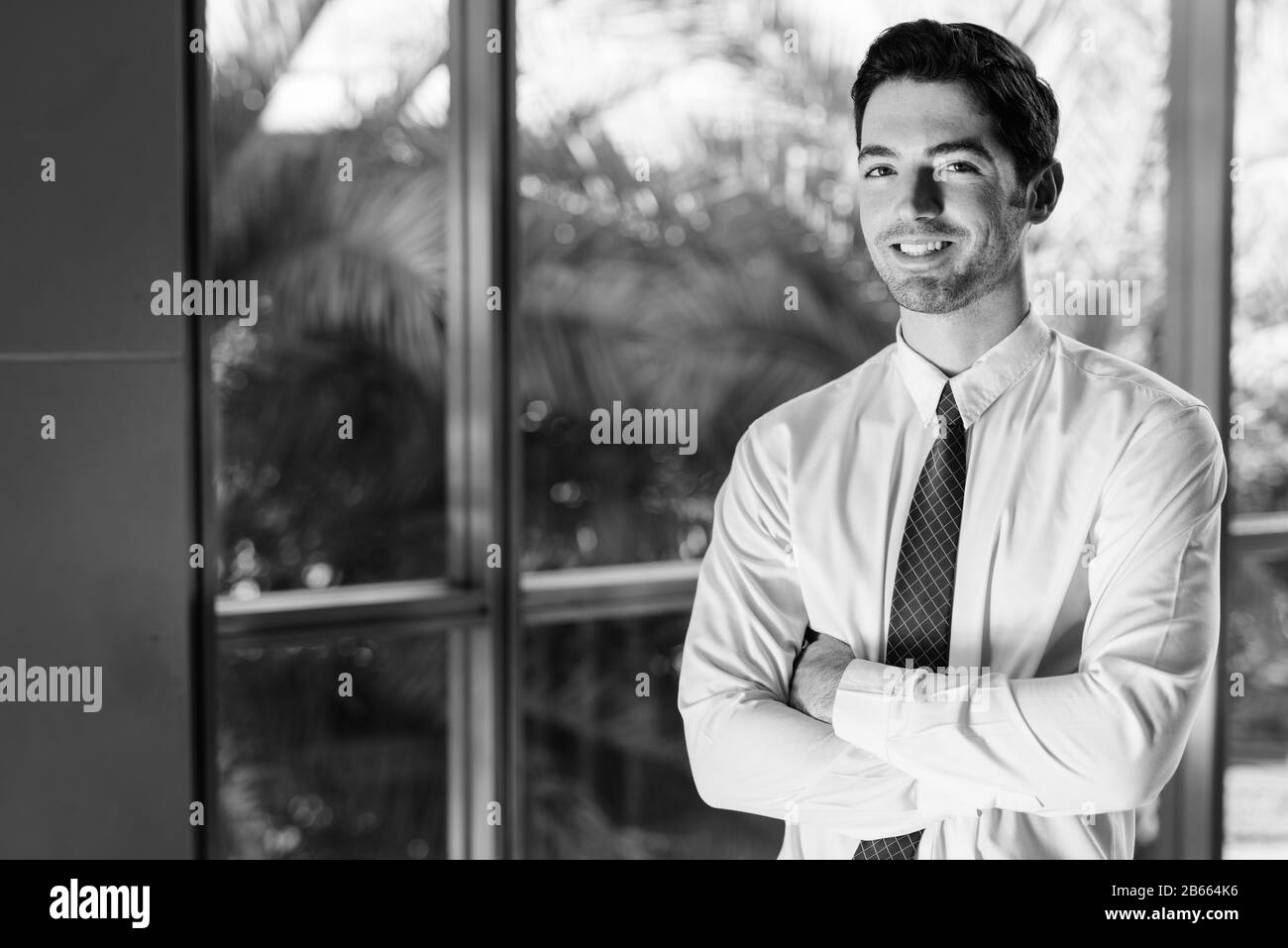 Portrait of happy young handsome businessman by the glass window Stock ...