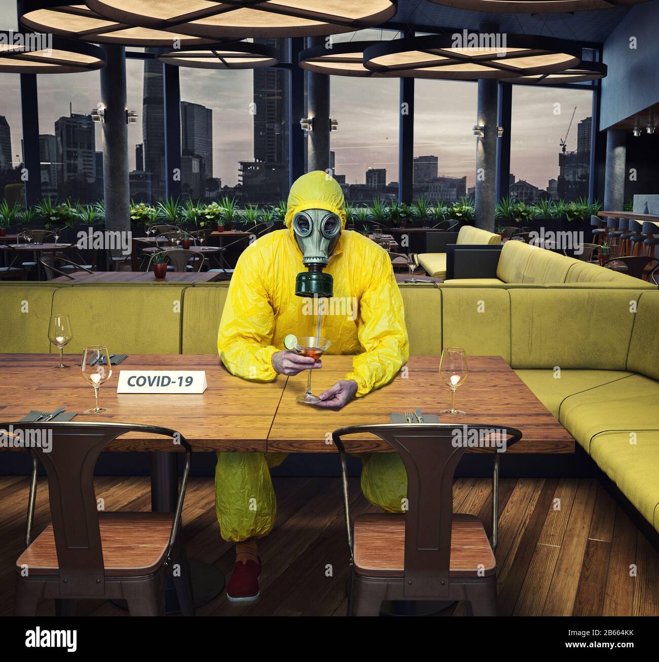 the gas mask man in the cafe interior. Photo and media mixed  concept Stock Photo
