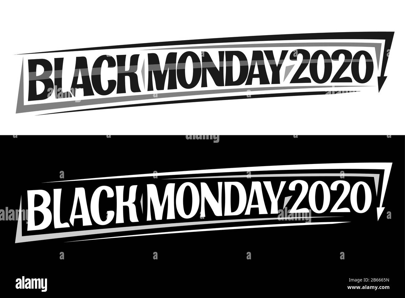 Vector concept for Black Monday 2020, horizontal templates with black and white typography and down arrow for financial header, brush letters for word Stock Vector