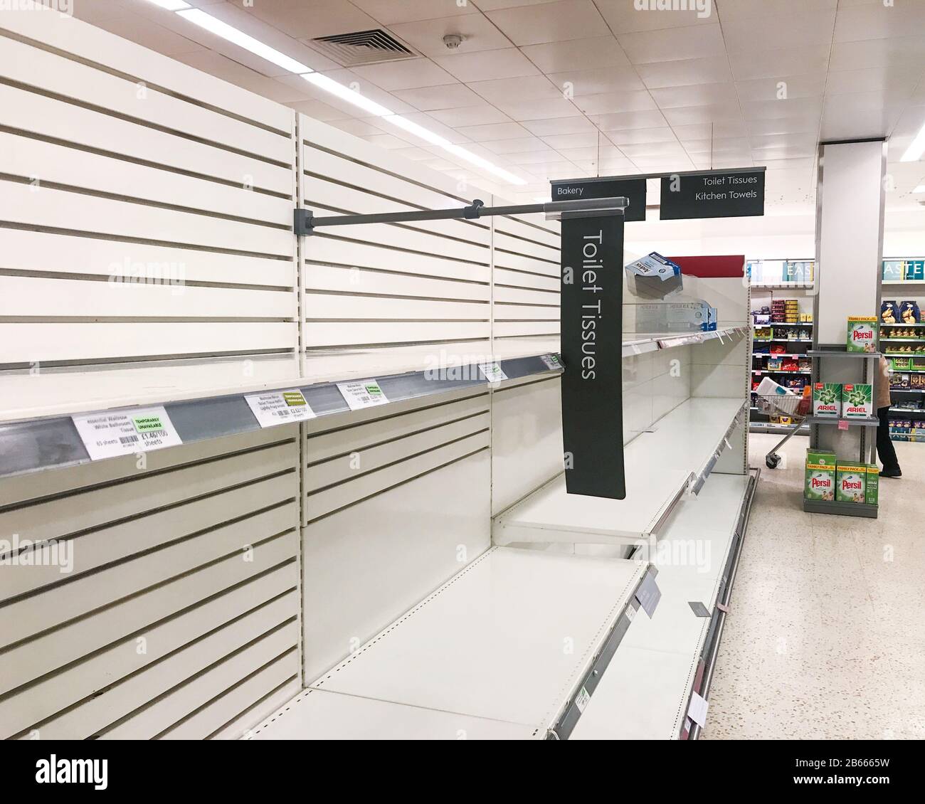 Panic-buying in UK stores due to COVID19 virus as shoppers clear shelves of essentials such as toilet paper.  March 8th 2020. Bracknell, England, UK Stock Photo