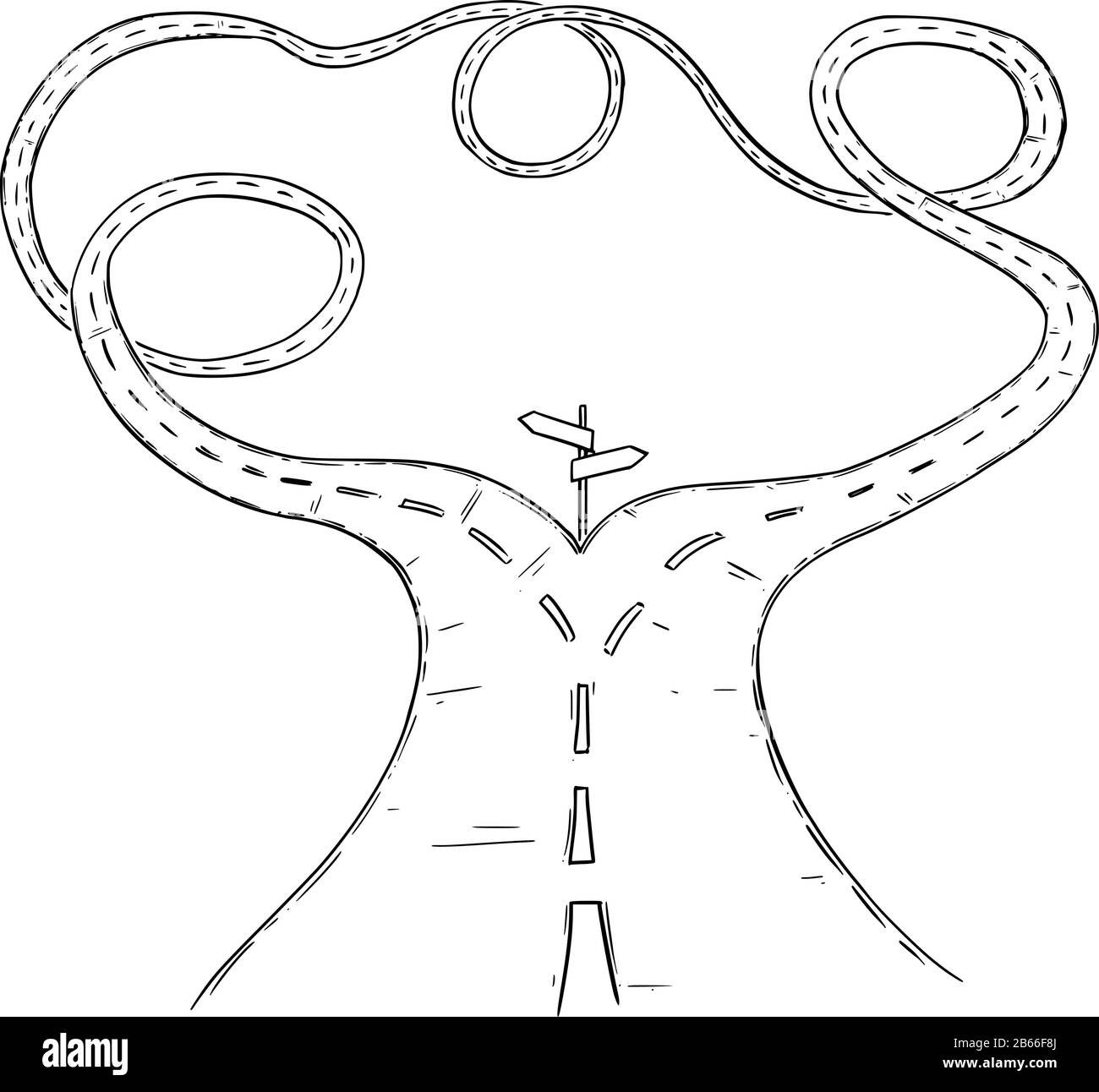 Vector black and white conceptual business drawing or illustration of fork in the road or crossroad, both ways are connected, no decision or real options to choose from. Stock Vector