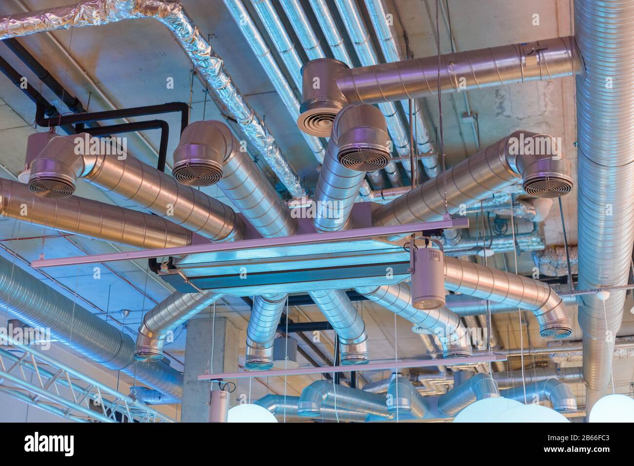 Industrial ventilation system ducts and pipes and electrical