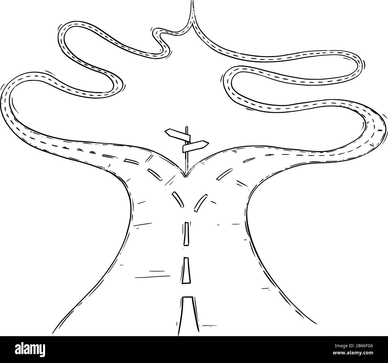 Vector black and white conceptual business drawing or illustration of fork in the road or crossroad,two ways with same destination, no decision or real options to choose from. Stock Vector