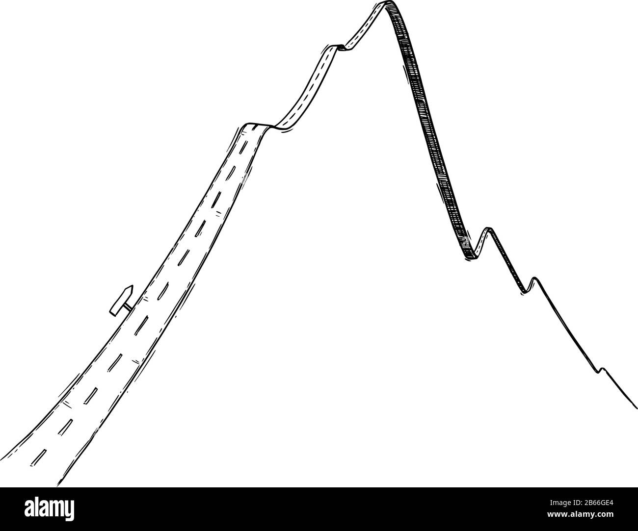 Vector black and white conceptual business drawing or illustration of road as market or financial graph or chart growing and falling down. Stock Vector