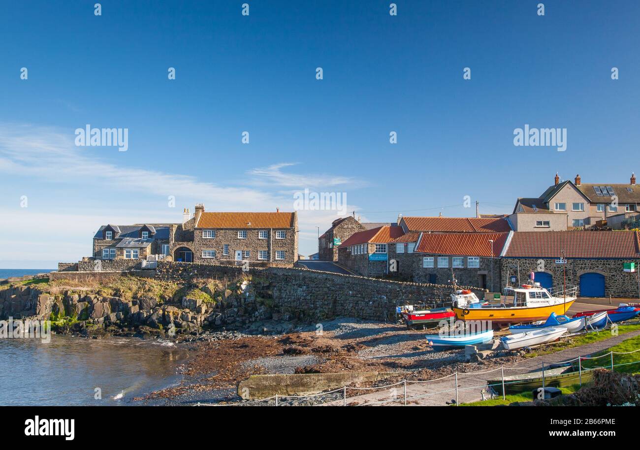 Fishing boats on the shore at Craster harbour, Northumberland UK Stock