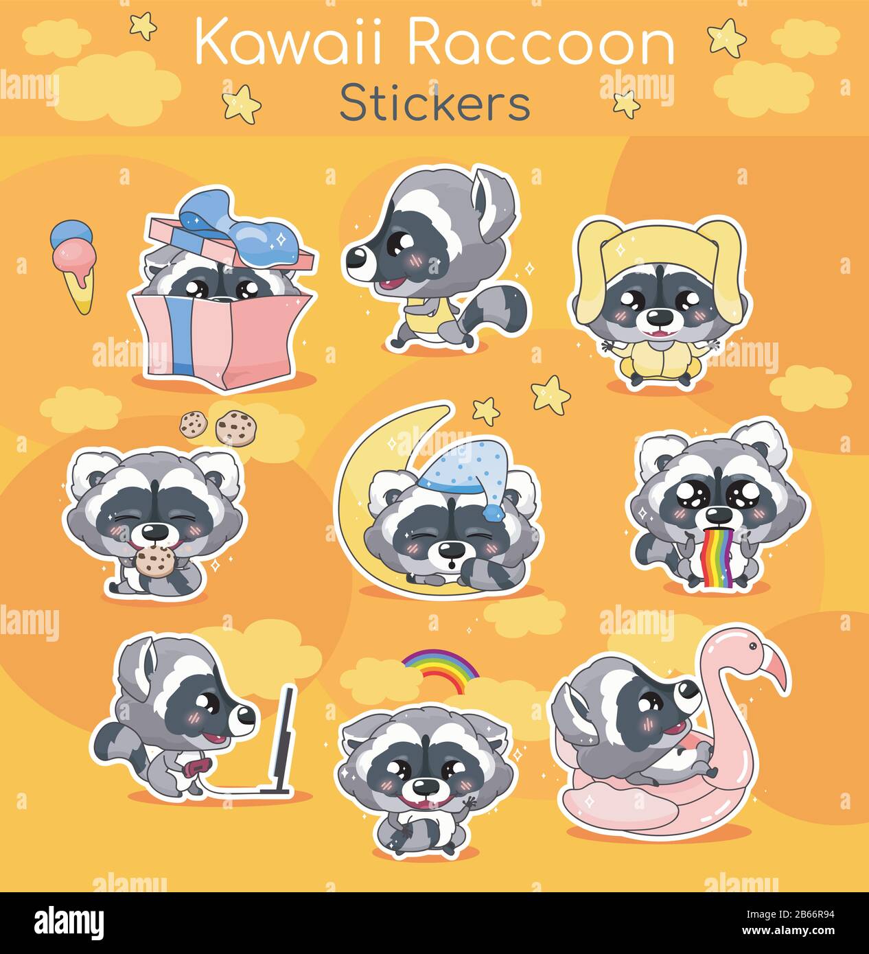 Cute raccoon kawaii cartoon vector characters set. Adorable and funny  smiling animal isolated stickers, patches pack. Anime baby raccoon sleeping  Stock Vector Image & Art - Alamy