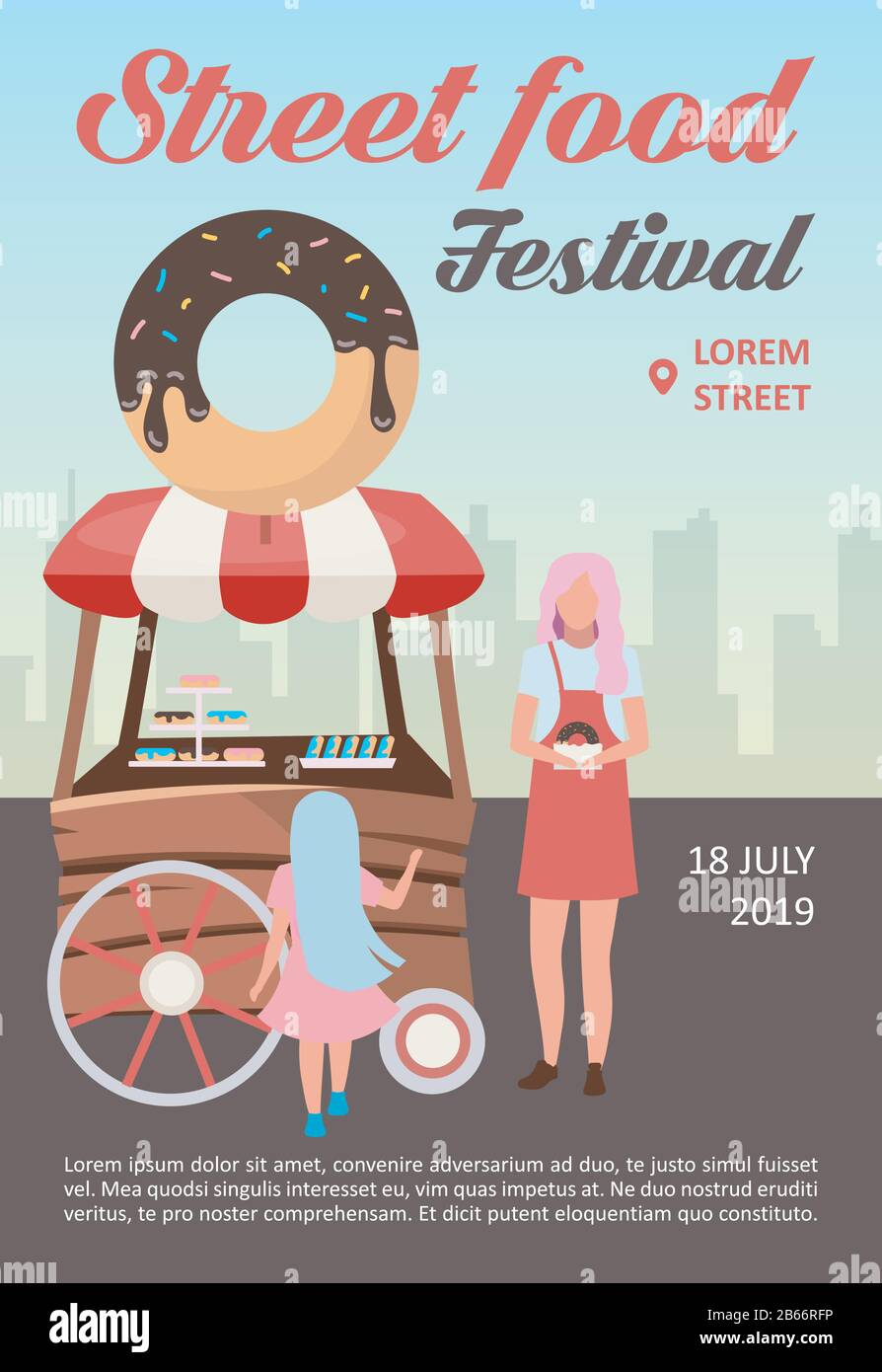Street food festival brochure template. Bakery cart. Donuts sale flyer, booklet, leaflet concept with flat illustrations. Vector page layout for Stock Vector