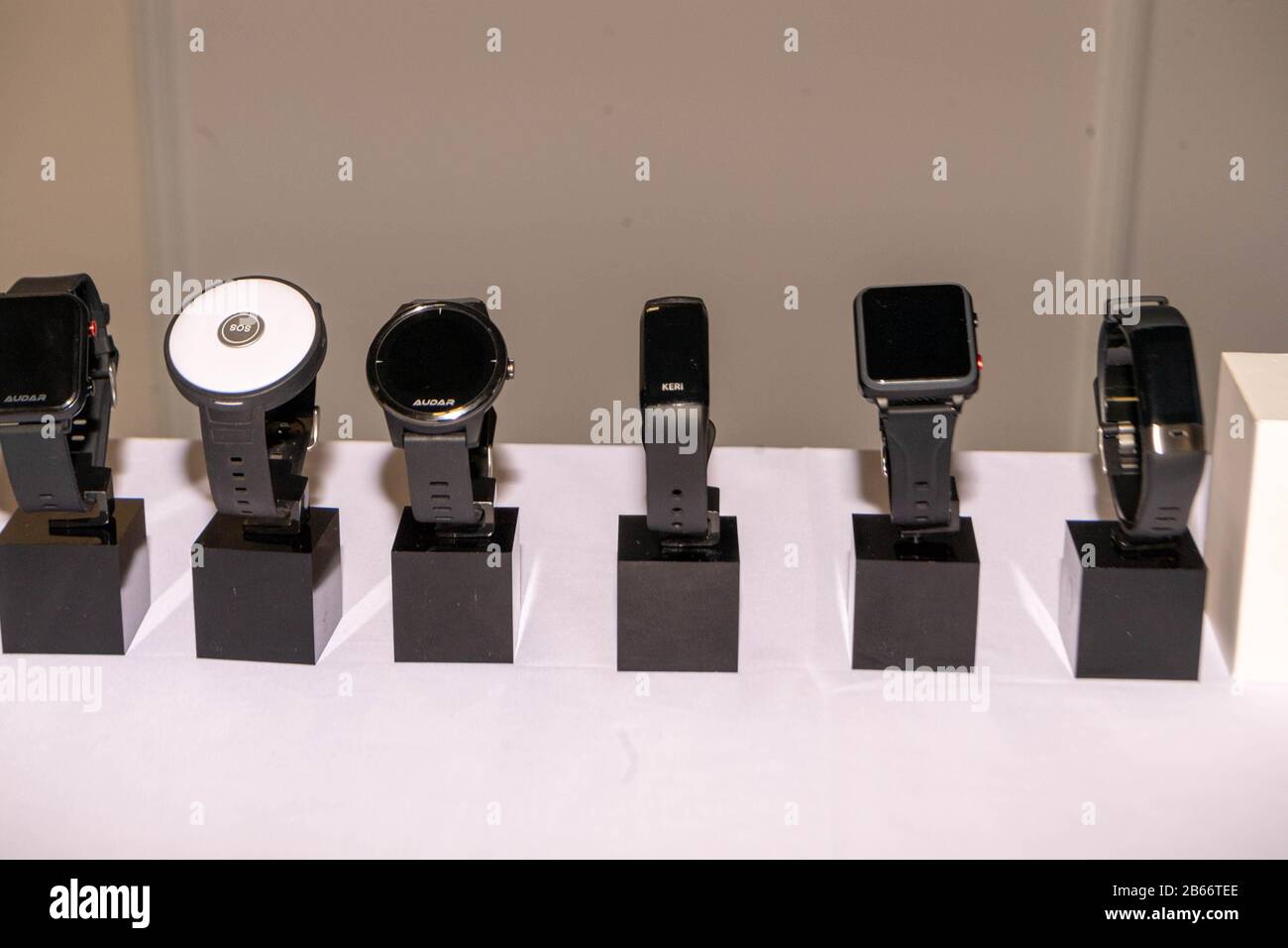 London, UK. 10th Mar, 2020. The Wearable Technology Show 2020 Audar smart watches with a range containing fall monitor and alerts, heart rate monitors and fitness tracker Credit: Ian Davidson/Alamy Live News Stock Photo