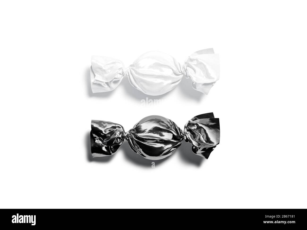 Blank black and white hard candy foil wrapper mockup, isolated Stock Photo