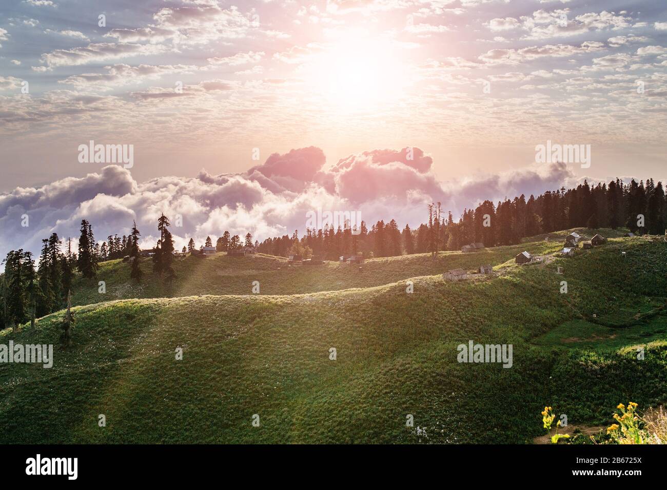 fog and cloud mountain valley landscape, view from above Stock Photo