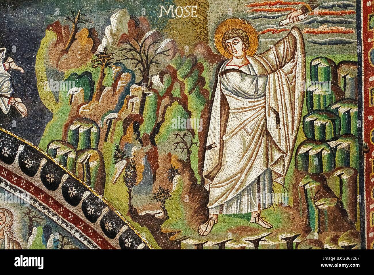 Italy Emilia Romagna Ravenna - San Vitale basilica - Mosaic of Moses climbing Mount Sinai to receive the Tables of the Law Stock Photo