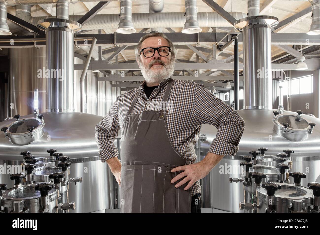 Professional brewer on his own craft alcohol production. Specialist, senior man in workwear posing confident. Concept of open business, eco product, craft brewery, factory, manufactory, start up. Stock Photo