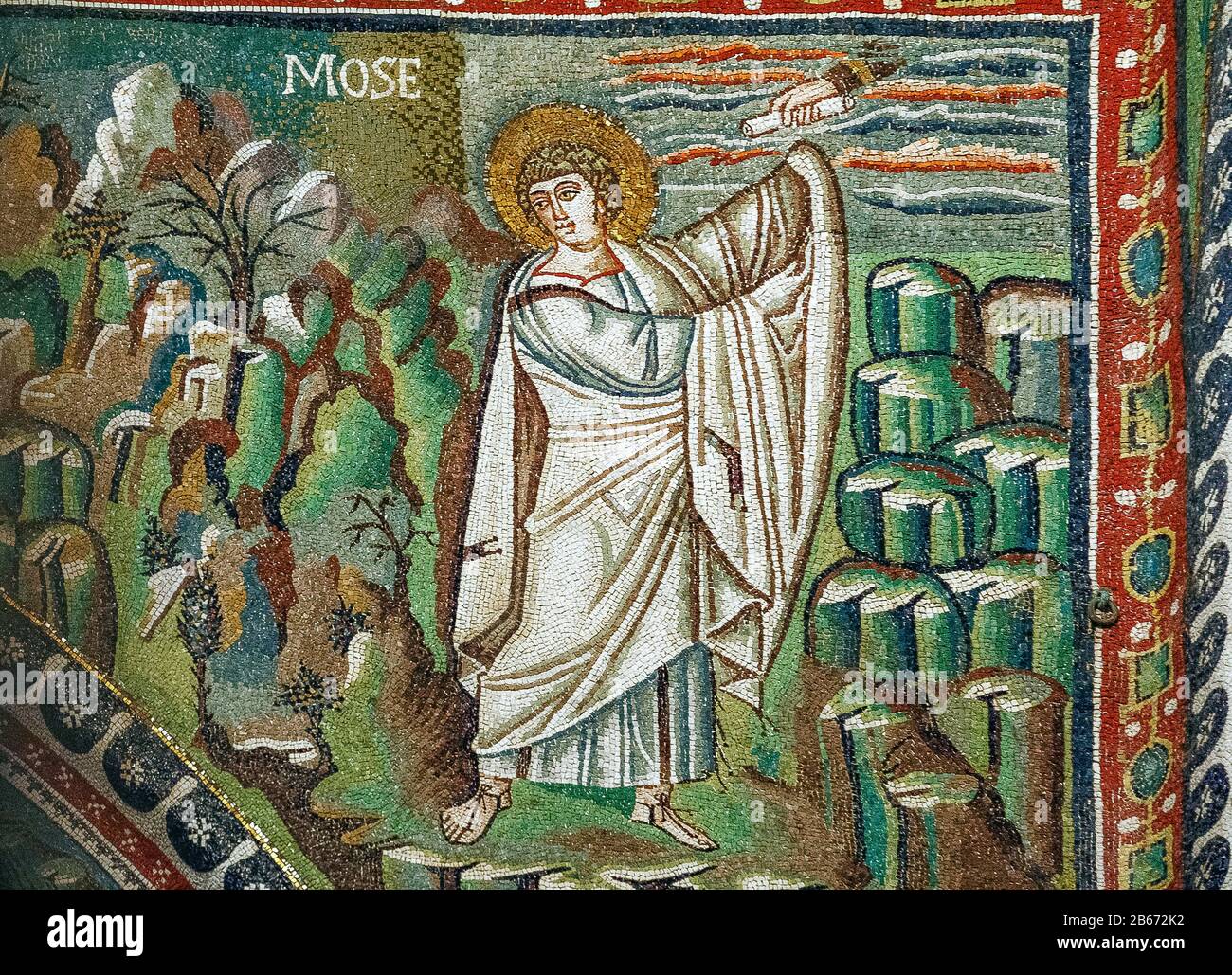 Italy Emilia Romagna Ravenna - San Vitale basilica - Mosaic of Moses climbing Mount Sinai to receive the Tables of the Law Stock Photo