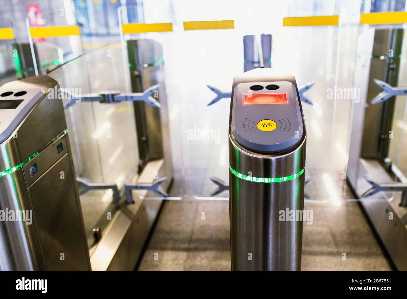 Electronic access control system at railway station closeup Stock Photo