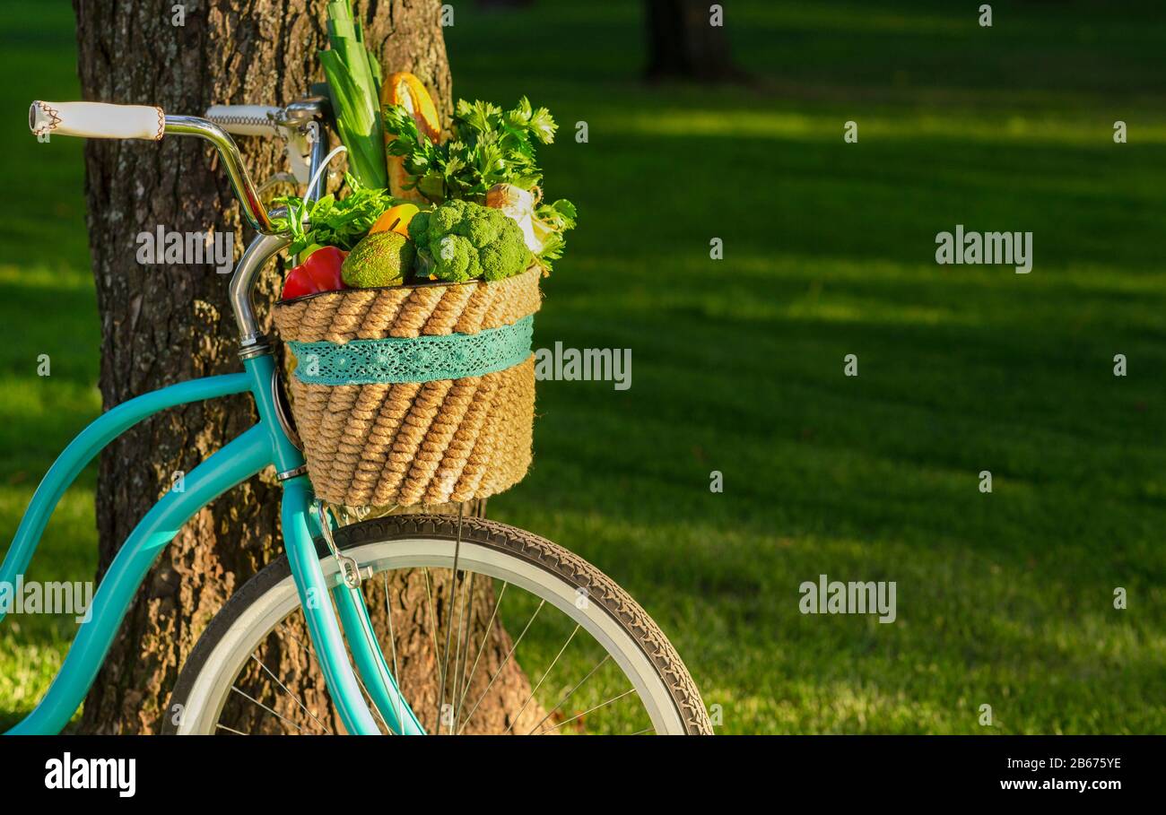 Eco lifestyle concept with blue retro bicycle and organic products Stock  Photo - Alamy