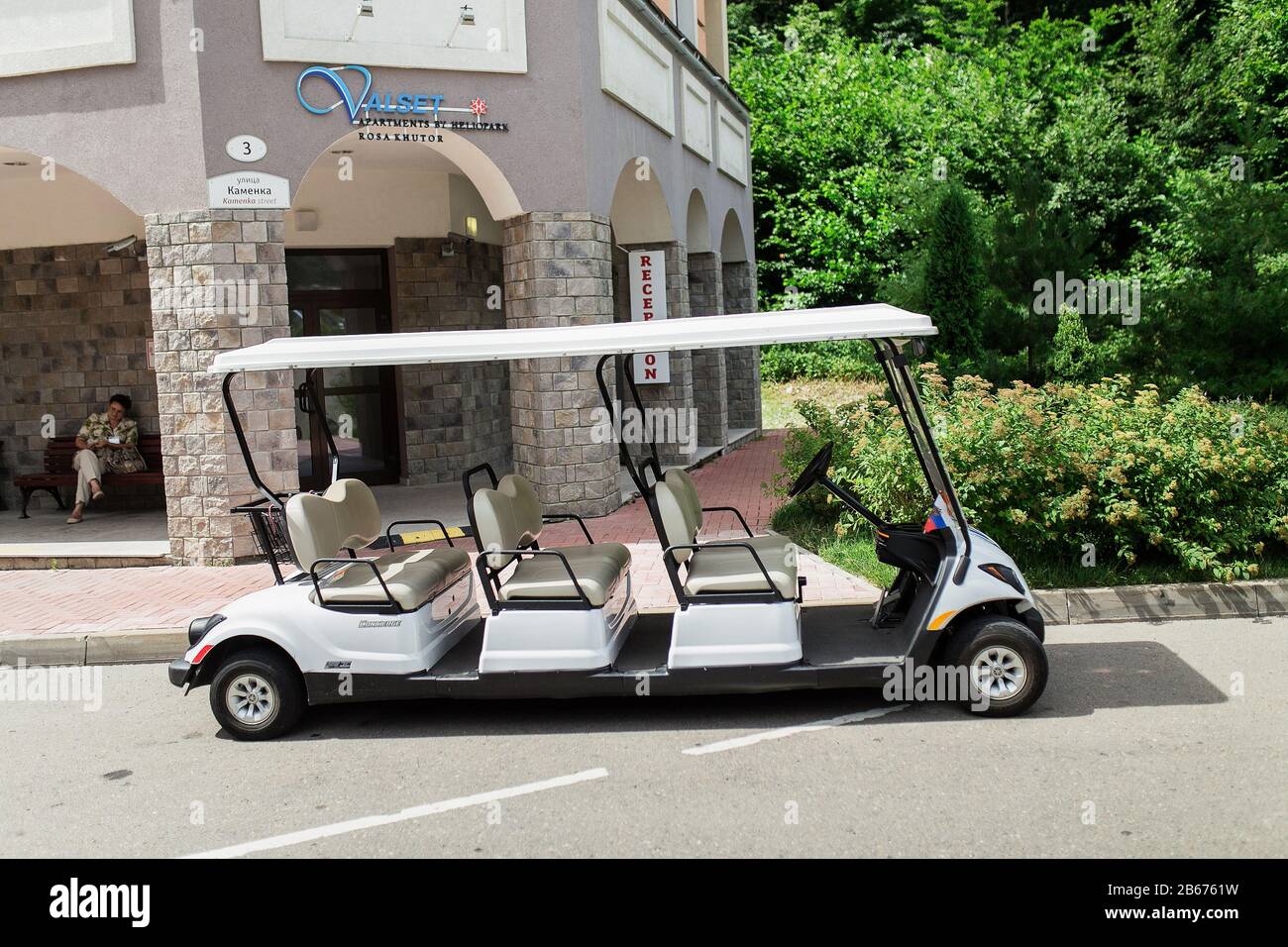 25 JULY 2016 Rosa KHUTOR, SOCHI, RUSSIA: car for transfer of tourists standing near hotel Stock Photo