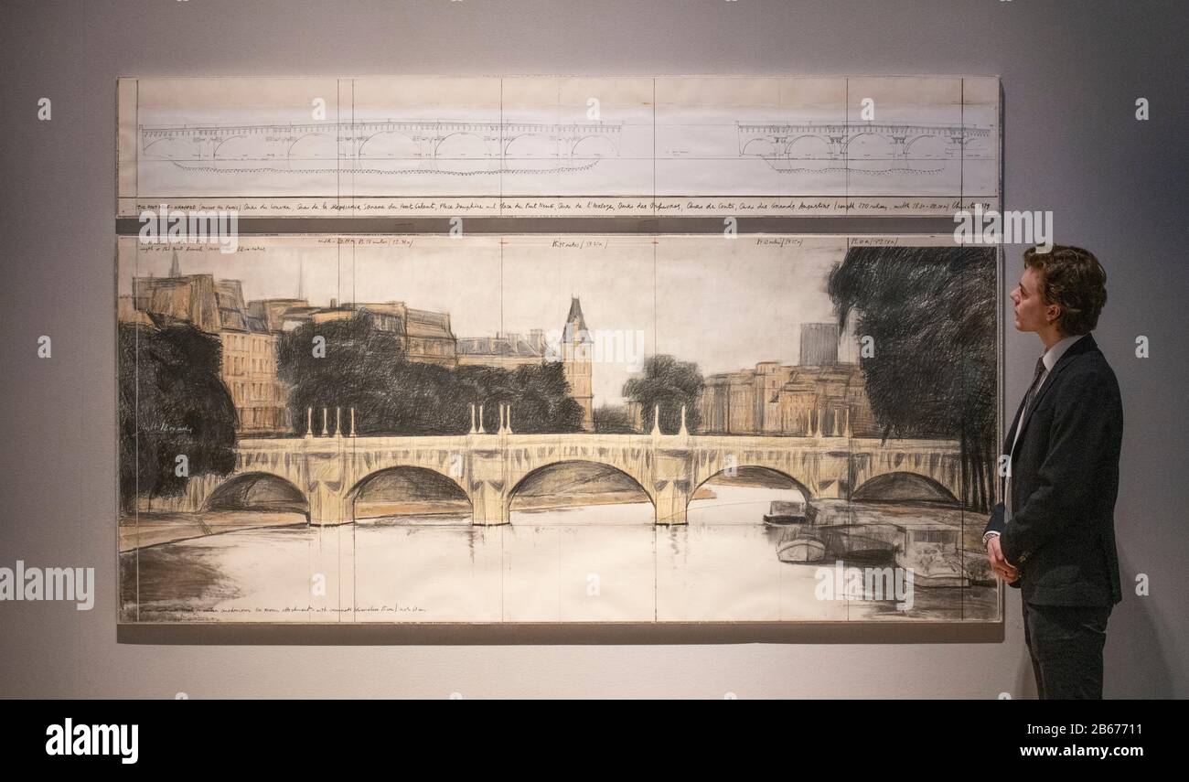 Bonhams, London, UK. 10th March 2020. Top lots in the Post-war & Contemporary Art sale include works by Keith Haring, Christo, Soulages and Fontana. Image: Christo (American, born 1935), The Pont Neuf Wrapped (Project For Paris), in two parts, 1979. Estimate: £120,000-180,000. Credit: Malcolm Park/Alamy Live News. Stock Photo