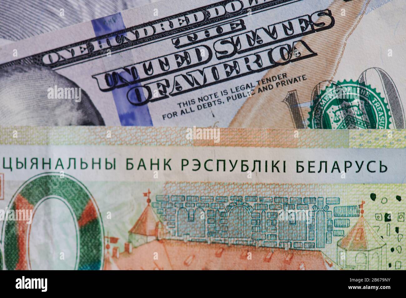Belarusian and usa money banknote close up view Stock Photo