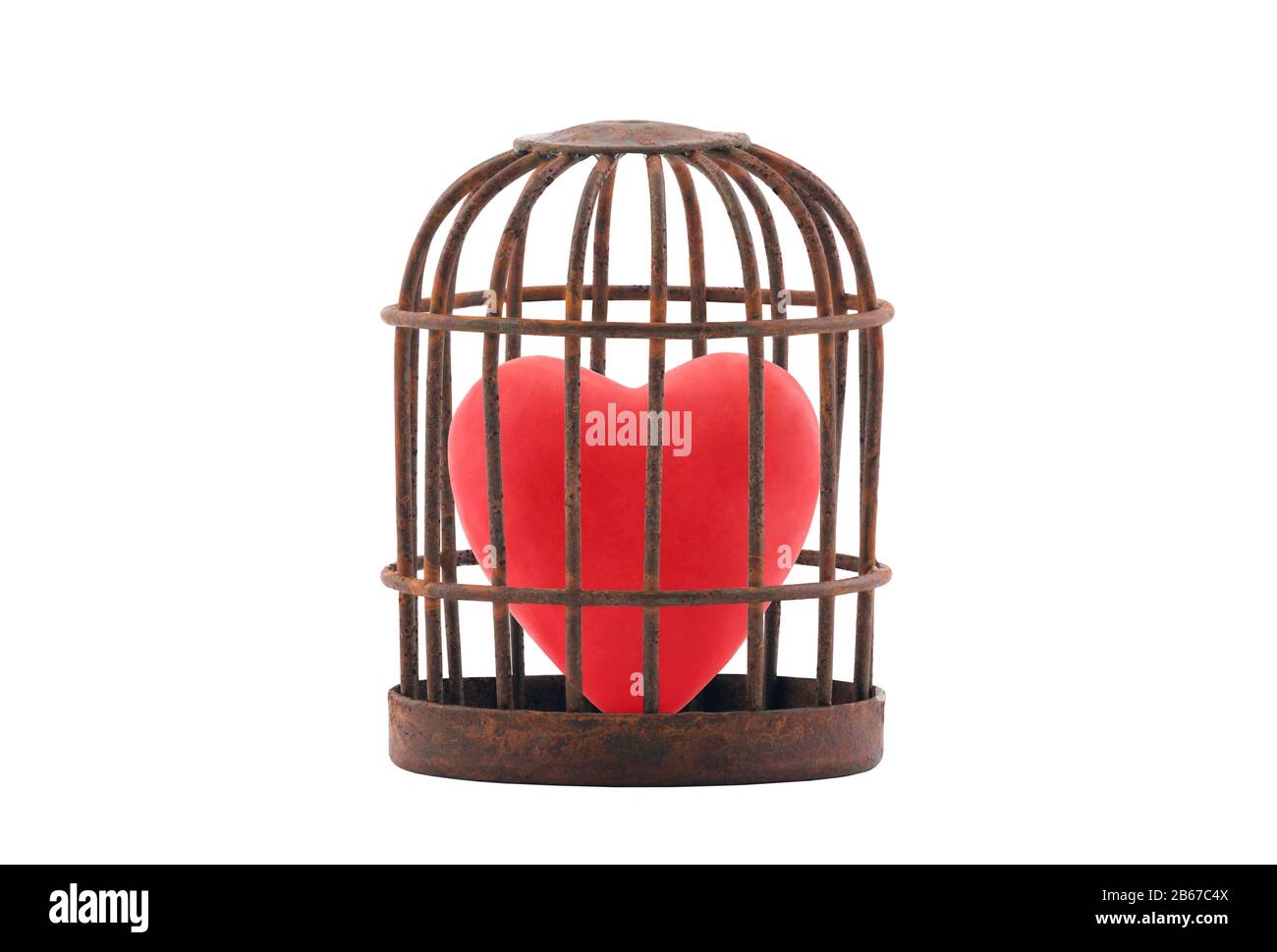 Red heart trapped in retro rusty cage isolated on white background Stock Photo