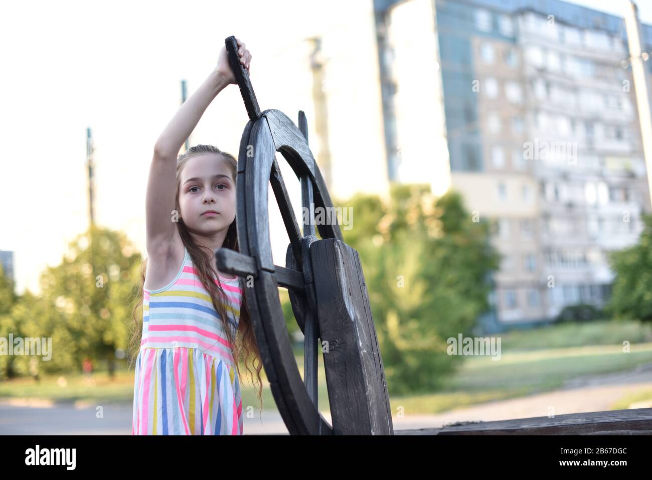 Portrait of a cute little girl nine years old. Girl 9 years old in the ...