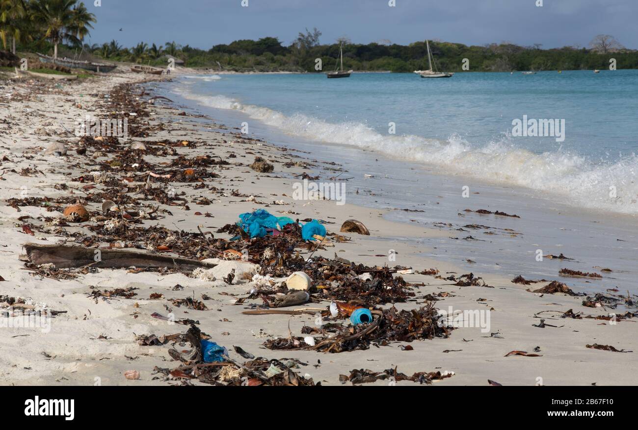 Plastic pollution on beach in far northern Mozambique Stock Photo