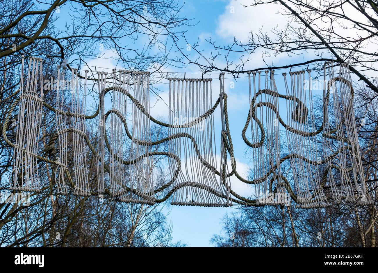 String, cord and rope hanging sculpture artwork by sculptor Lucy Wayman, part of Edinburgh Art Festival 2019 above cycle path, Edinburgh, Scotland, UK Stock Photo