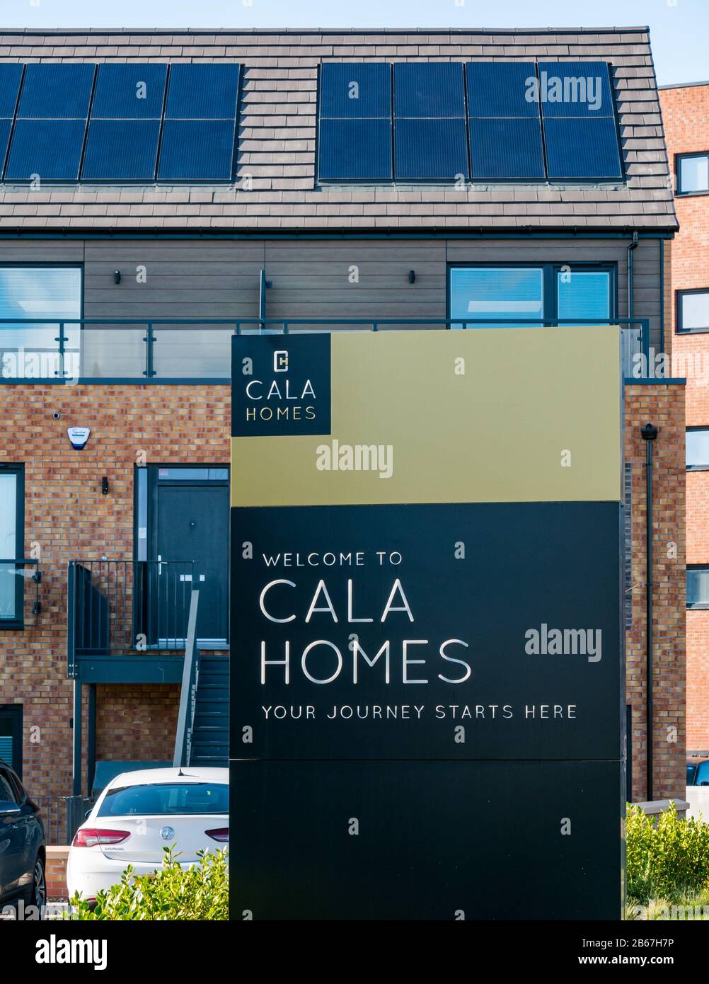 Cala Homes sign at Waterfront Plaza development, Victoria Quay, Leith, Edinburgh, Scotland, UK Stock Photo