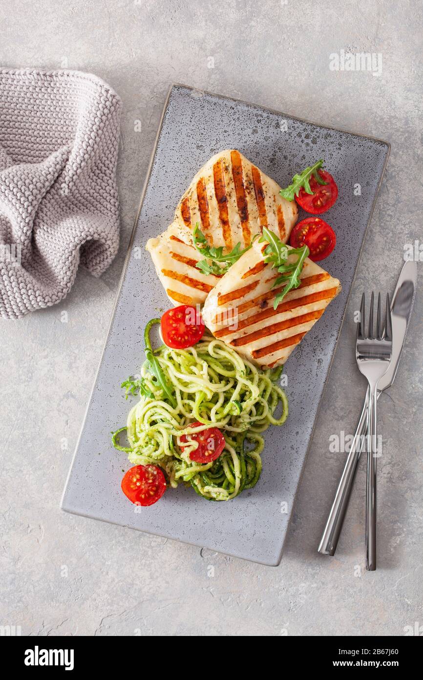 ketogenic paleo diet lunch. halloumi cheese, spiralized zucchini with
