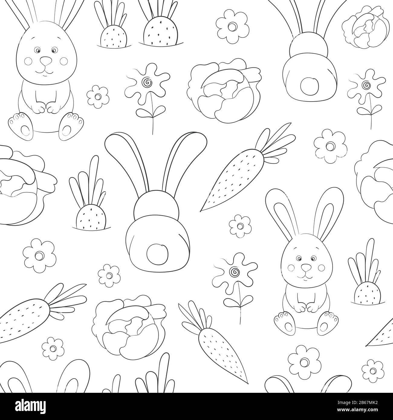 Seamless pattern with rabbits, flowers, carrots and cabbage on a white ...