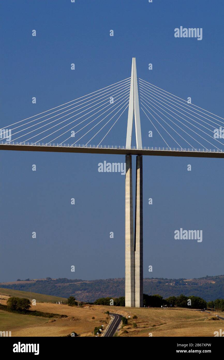The viaduct of Millau, road-transport bridge spanning over the Tarn valley in Aveyron, Occitanie France Stock Photo