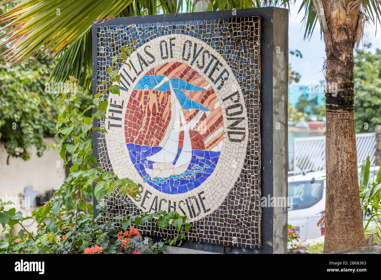 Colorful sign for The Villas of Oyster Pond, Beach side in Sint Maarten Stock Photo