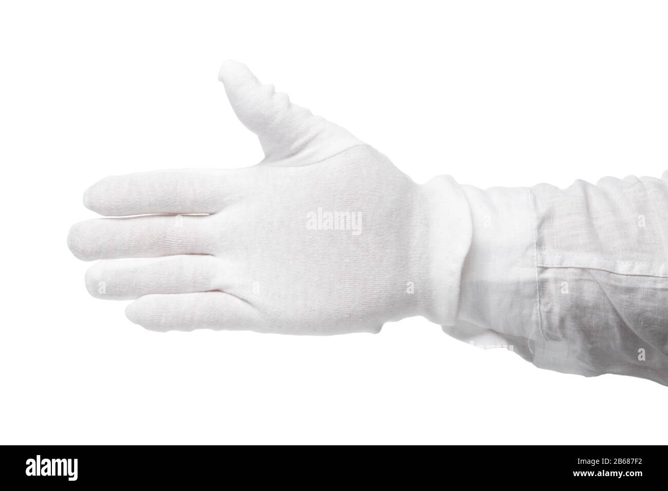 Hand in a white glove isolated on a white background. Gesture eye ...