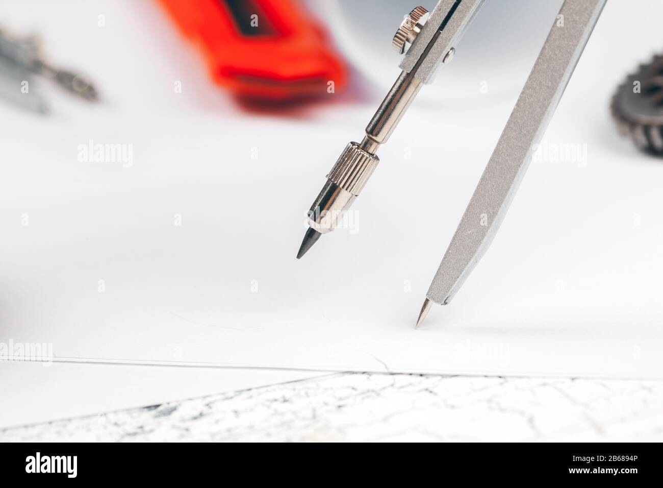 Engineering supplies and blueprints on workplace close up Stock Photo
