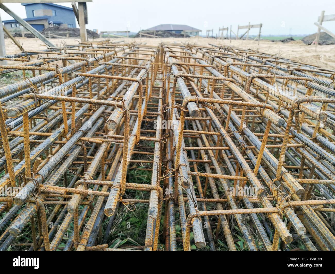 Rusty steel rebar concrete reinforcement for foundation concrete