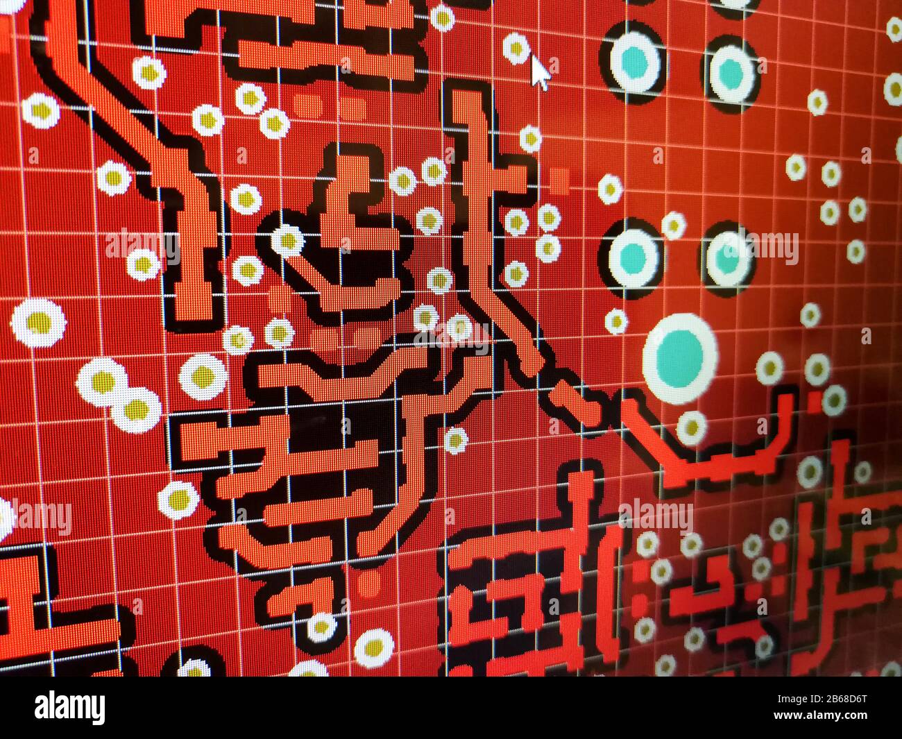 Close up computer screen view of PCB design layout routing process in specialised software Stock Photo