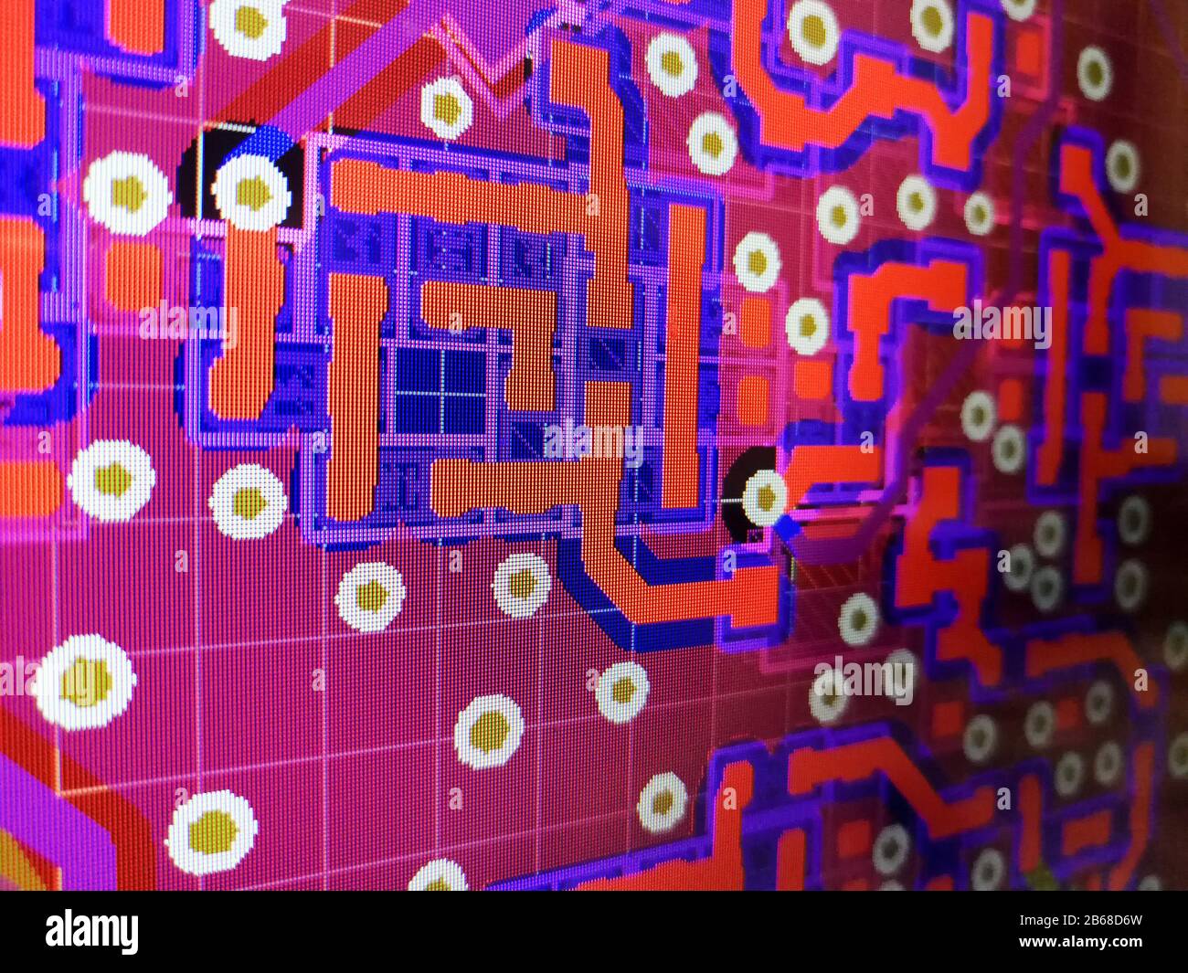 Close up computer screen view of PCB design layout routing process in specialised software Stock Photo